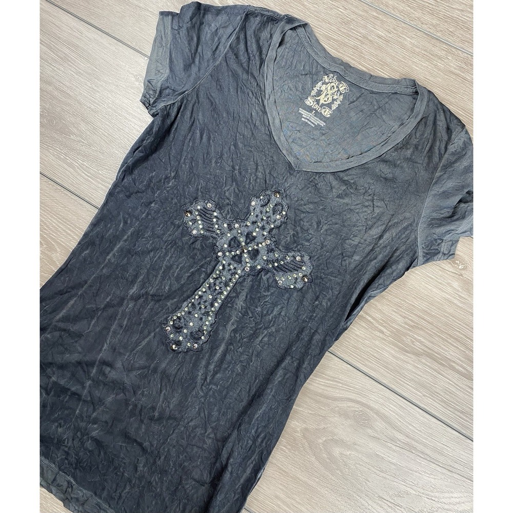 Velvet Stone Women's Short Sleeve Rhinestone Cross Tee Black Large